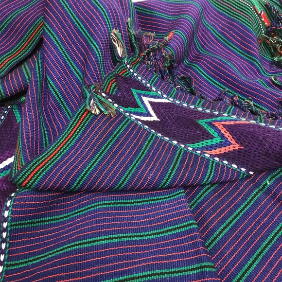Guatamalan handmade woven rug fringed throw blue stripes 36 x 44